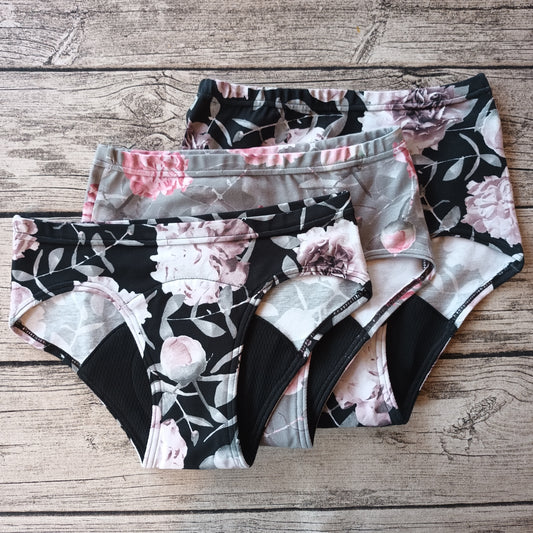 Noenea by NALLE kestot: Kuukautisalushousut (S) Low Waist - Uneksija, harmaa-roosa